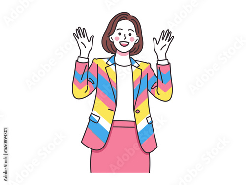 Enthusiastic gesture: A stylish professional woman enthusiastically raises her arms in a welcoming and inclusive gesture, radiating approachability and positivity. 