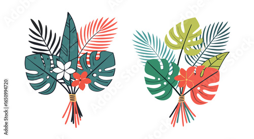 Tropical floral arrangements with large green leaves and bright colorful blooms