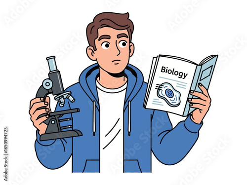 Curious Student and the Microscope: A focused student, notebook and microscope in hand, peers into a world of biology, captured in an illustration that sparks curiosity.
