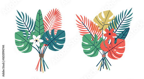 Tropical floral arrangements with large green leaves and bright colorful blooms