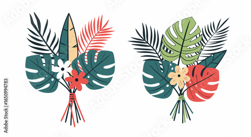 Tropical floral arrangements with large green leaves and bright colorful blooms