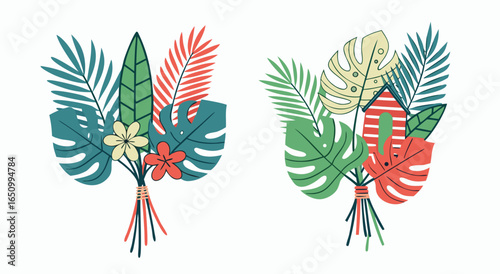 Tropical floral arrangements with large green leaves and bright colorful blooms