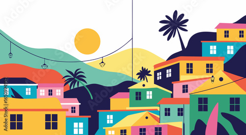 Colorful latin american community hillside houses under the bright sun and palm trees