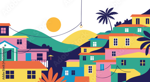 Colorful latin american community hillside houses under the bright sun and palm trees