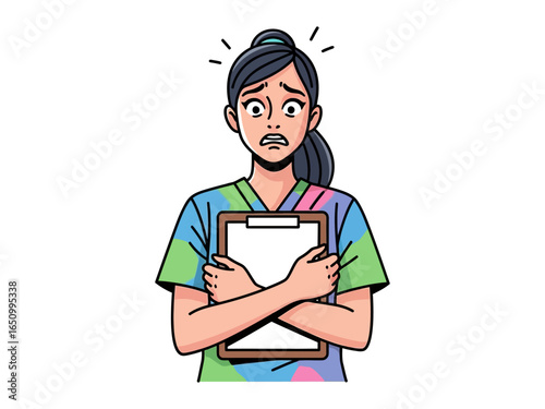 Anxious Nurse: A vector illustration of a healthcare professional, filled with worry, clutching a clipboard, her expression mirroring the pressures of modern healthcare.