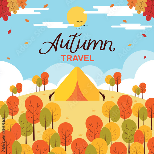 Illustration of autumn. Relaxing in a tent among autumn trees and colorful foliage. Vector illustration dedicated to seasonal camping and outdoor travel