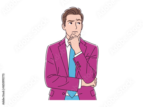 Man in Thought: A stylishly dressed man, captured in a thought-provoking pose, embodies contemplation, uncertainty, and the complexity of making decisions.