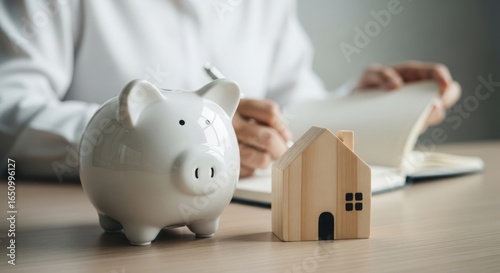 A white piggy bank and a small wooden house sit on a table, representing saving for a home and financial planning