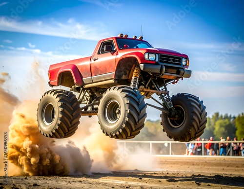 Red Monster Truck Soaring Through the Air During an Exciting Off-Road Performance