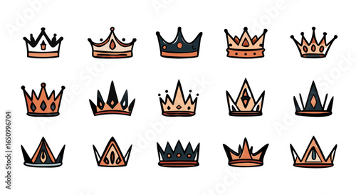 Pixel art crown collection featuring royal headwear illustrations in various styles