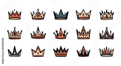 Pixel art crown collection featuring royal headwear illustrations in various styles