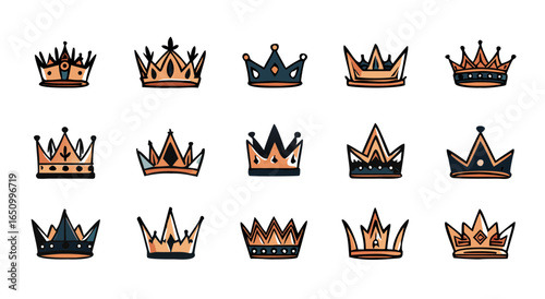 Pixel art crown collection featuring royal headwear illustrations in various styles