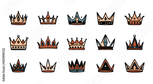 Pixel art crown collection featuring royal headwear illustrations in various styles