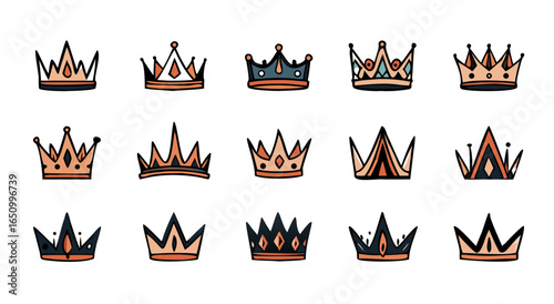 Pixel art crown collection featuring royal headwear illustrations in various styles