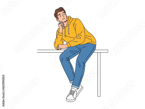Daydreamer's Gaze: A young man, immersed in contemplation, leans gracefully on a desk, his eyes fixed on the horizon, embodying moments of reflection and introspection.