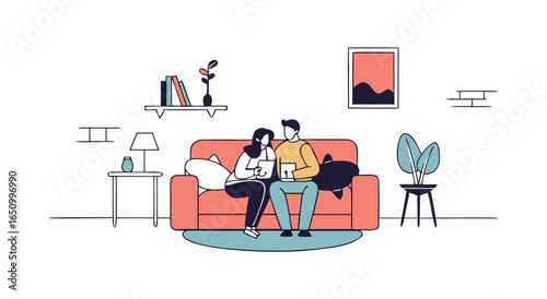 Cozy couple enjoying relaxing time together on sofa with devices indoors