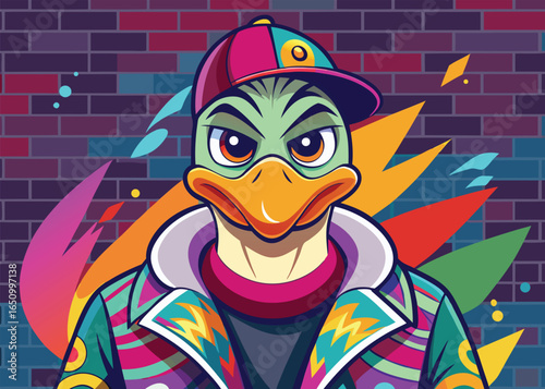 Confident Urban Duck in Graffiti Jacket and Snapback Wall Background Vector Street Art Illustration 