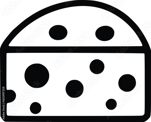 A simple black and white graphic of a wedge of cheese with holes.