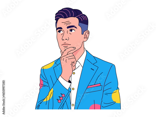 Contemplative Reflection: A stylish figure ponders deeply, hand on chin, lost in thought, reflecting on life's complexities in a vibrant, semi-realistic artistic style.