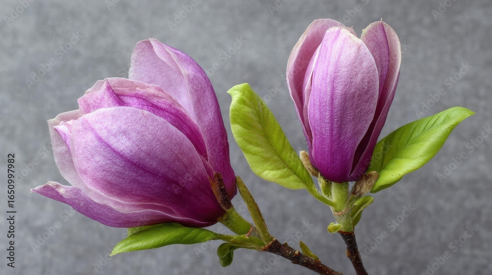 Obraz premium Two purple magnolias with green leaves on gray background, botanical floral vector close-up.