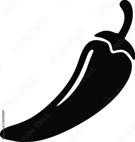A stylized black silhouette of a single, curved chili pepper, isolated on white.
