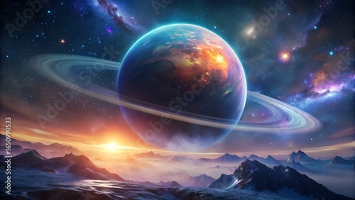 A ringed planet rises above a rugged, mountainous landscape in a cosmic scene