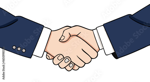 Two business people in suits shaking hands firmly symbolizing a successful agreement and partnership collaboration