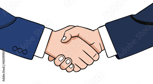 Two business people in suits shaking hands firmly symbolizing a successful agreement and partnership collaboration