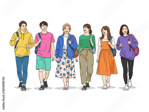 Youthful Ensemble: A diverse group of students strides confidently forward, their vibrant outfits reflecting their individual personalities and shared aspirations.