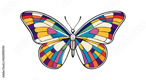 Vibrant geometric butterfly wings with intricate patterns and colors on white background