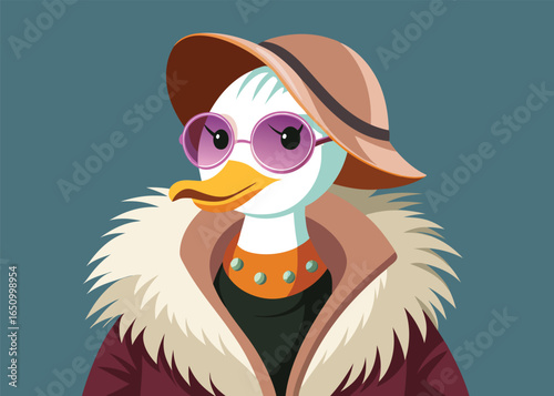 Stylish Duck Wearing Luxurious Fur Coat winter cityscape scene Vector Art Design 