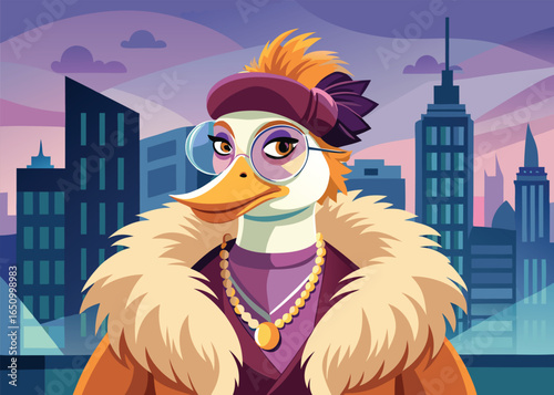 Stylish Duck Wearing Luxurious Fur Coat winter cityscape scene Vector Art Design 