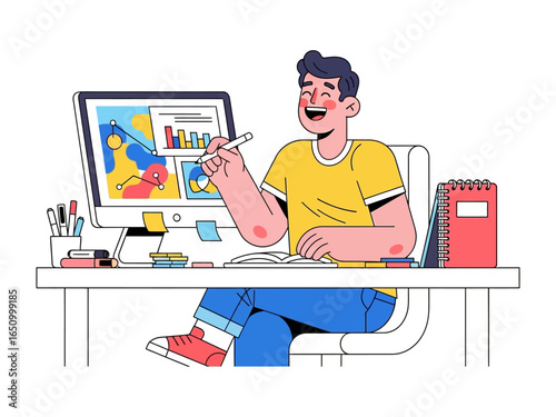 Creative Illustrator at Work: A lively illustrator is absorbed in his creative process, sketching on paper while the digital work displayed on his computer.