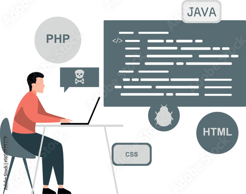 A man focused on a laptop screen, developing a Java application in a modern workspace.