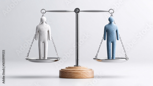 Justice Scale with White and Blue Figurines Balance Concept for Legal, Social, and Ethical Themes