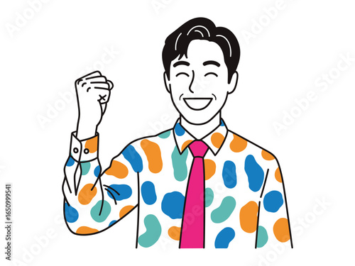 Energetic Man in Colorful Shirt Celebrating Success: A man of energy and motivation wearing a vibrant, patterned shirt, embodies triumph and exuberance.
