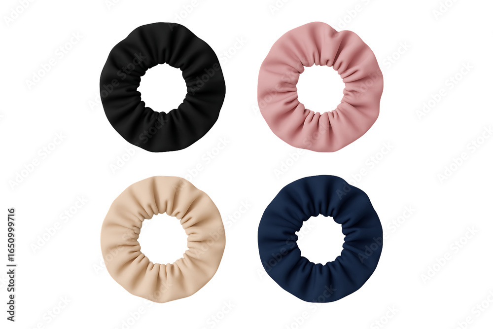 Obraz premium Four different colored fabric scrunchies for hair ties and fashion accessories isolated on a transparent background