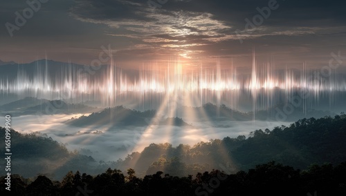 Sunrise over misty mountains, ethereal sound waves