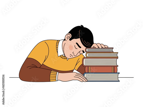 Exhaustion of Academic Pressure: A weary student, succumbs to sleep, resting head upon a stack of textbooks, a visual embodiment of fatigue and academic struggle.