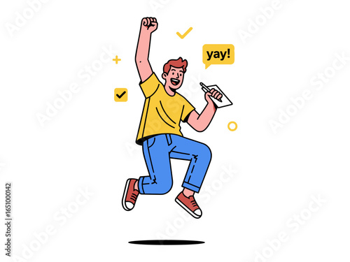 Triumph in the Air: An illustration captures a moment of jubilant success as an individual leaps into the air, celebrating an achievement with elation.