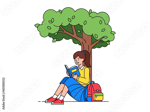 Serene Reading Under the Shade: A girl immersed in her book finds tranquility beneath the shade of a nurturing tree, backpack rests beside her, a scene of peaceful intellectual escape. 