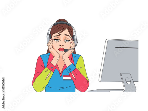 Weariness in the Workplace: A customer service professional is depicted in a vivid illustration, showcasing the emotional toll of a demanding job, portraying fatigue and strain.