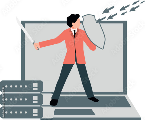  A man in a suit stands confidently, holding a sword in one hand and a shield in the other.