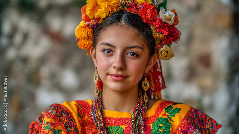 Fototapeta premium Portrait of a young woman wearing traditional mexican clothing and flower headdress