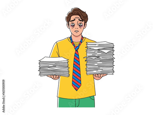 Overwhelmed Workload: A stressed person grapples with the daunting weight of a large pile of documents in each arm.