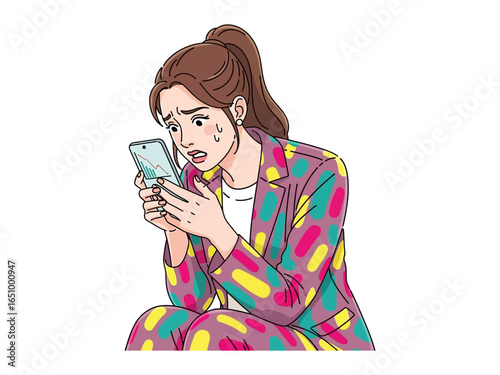 Digital Distress: A woman's face etched with worry and concern, as she stares intently at the smartphone in her hand, perhaps confronting digital challenges