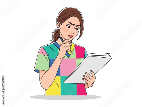 Contemplative Study: A professional woman deeply immersed in thought, pen poised near her chin, meticulously reviewing papers and documents.