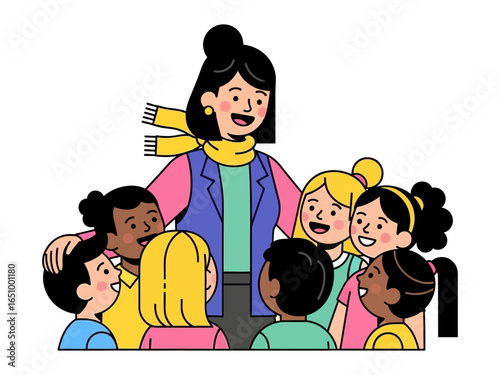 Teacher and Students Gathering: A warm-hearted educator surrounded by a diverse group of students, sharing a moment of camaraderie and learning in a vibrant and inclusive classroom setting.
