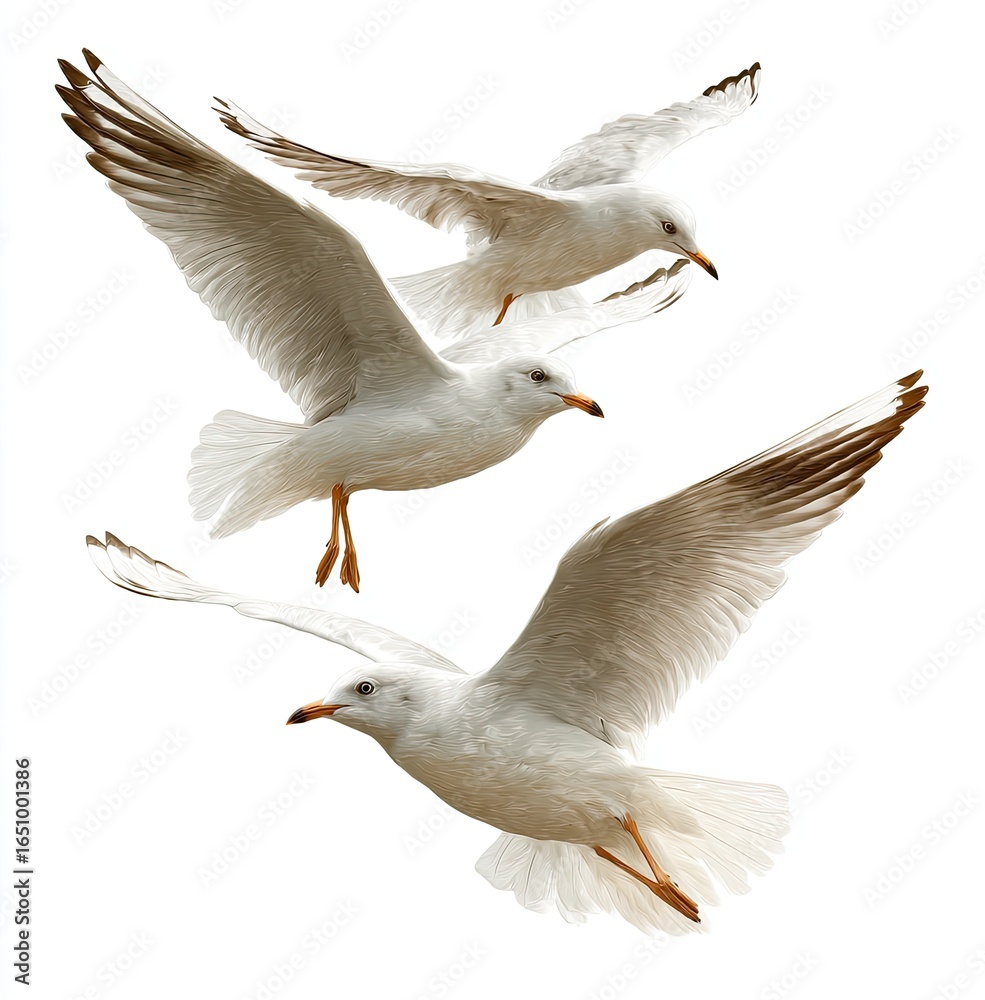 Fototapeta premium Three seagulls in flight against a white background (2)