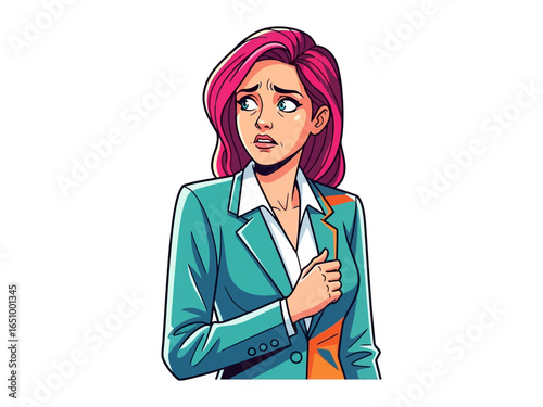 Anxious Woman: A poised businesswoman with vibrant pink hair embodies a sense of concern and anticipation, perhaps facing a difficult decision, or grappling with internal conflict.